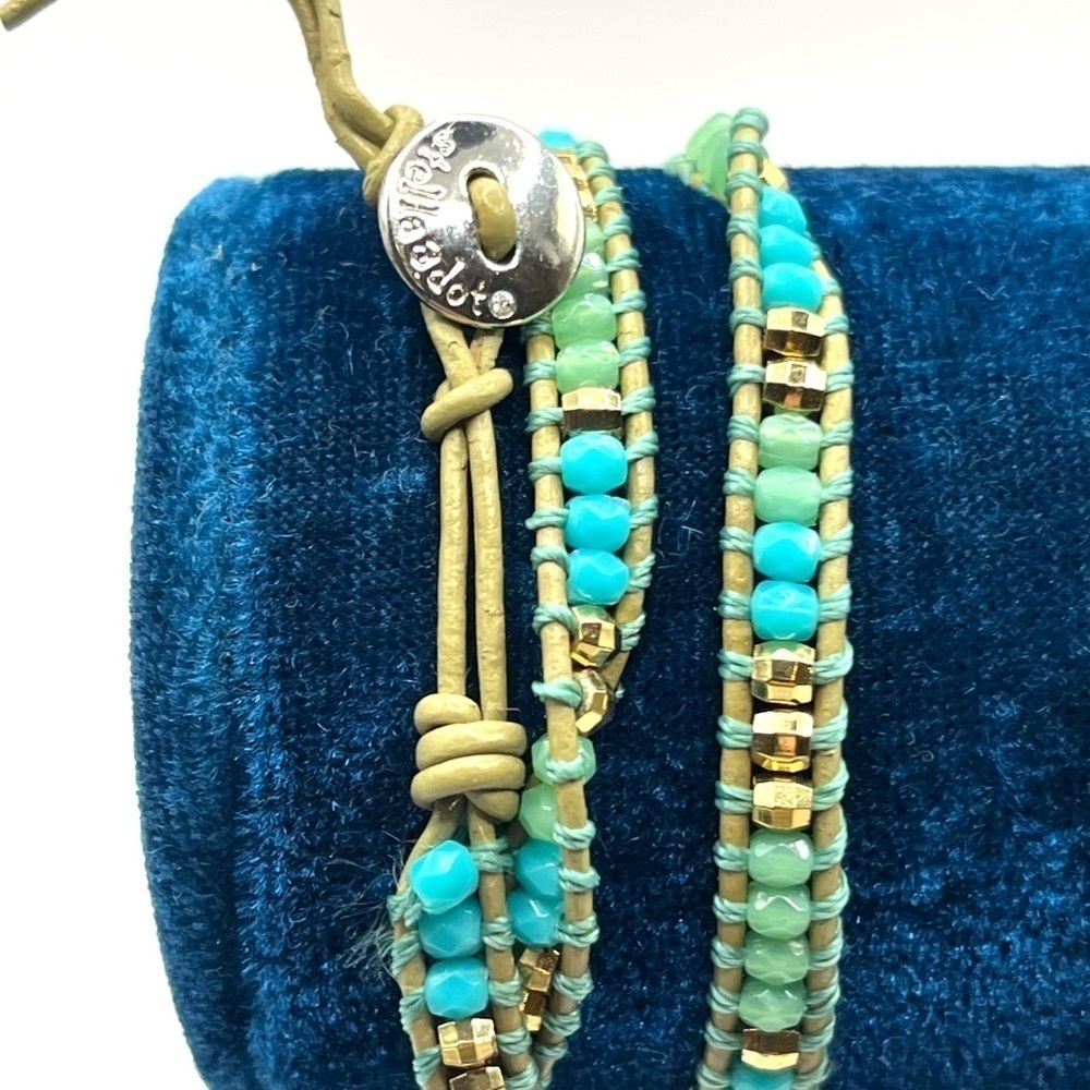 S&D Wanderlust Triple Wrap Bracelet Blue and Green Beads Tan leather Cord 22